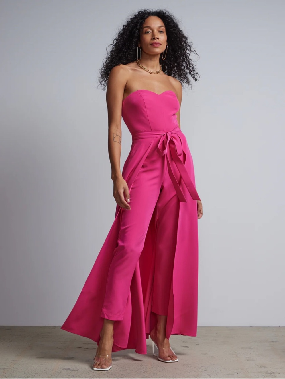 New York & Company Strapless Hot Pink Jumpsuit with Tie Waist